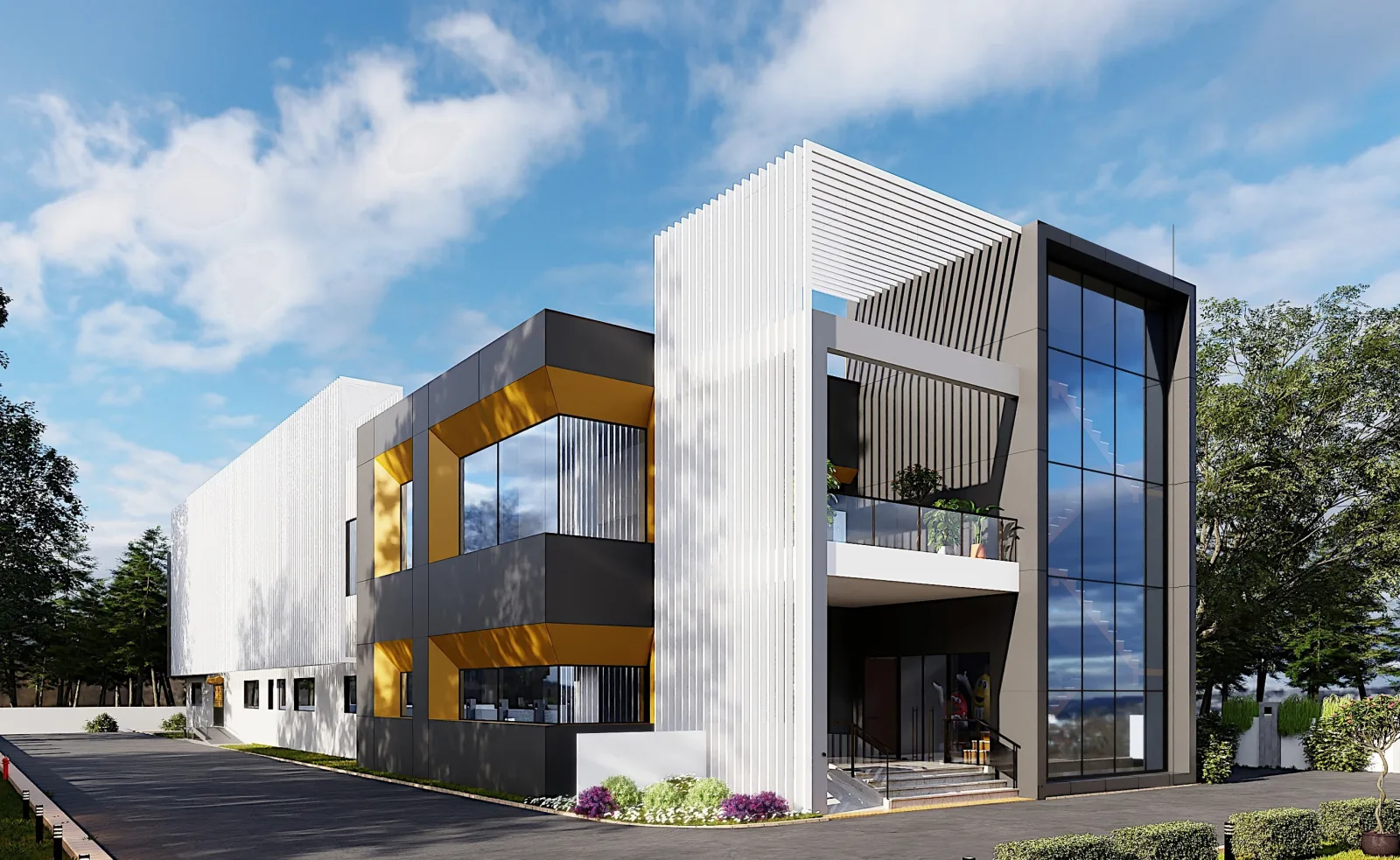 FMCG research and development centre with louvred facade and glazed stair tower