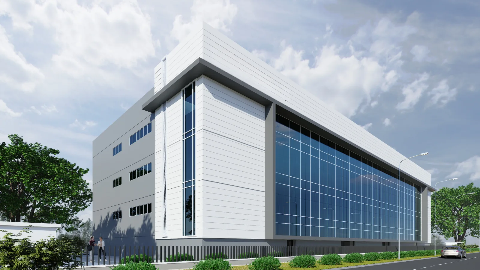Life sciences campus building with white facade and glass curtain wall