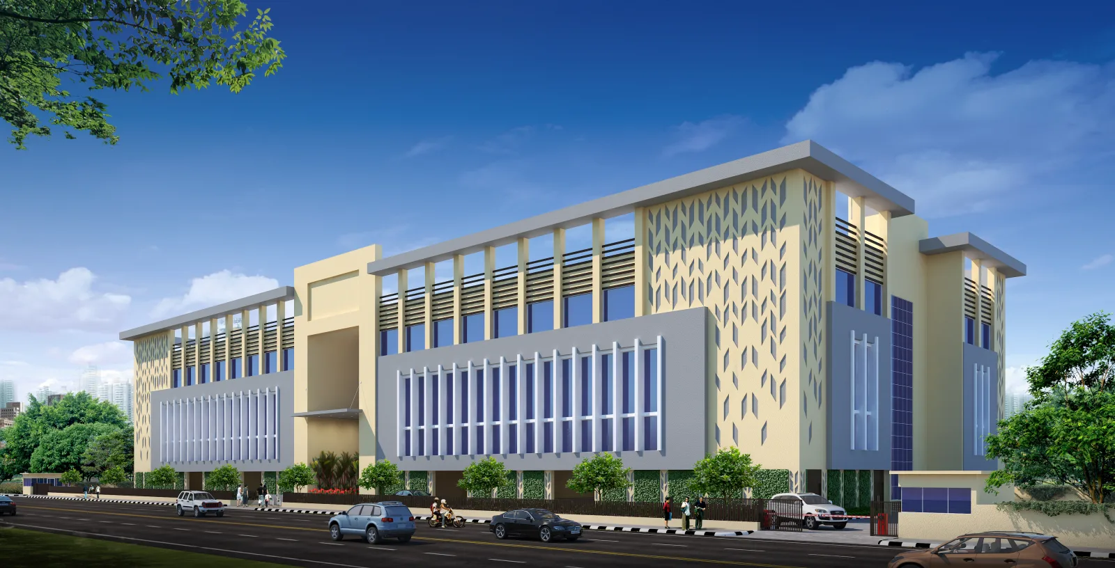 Research campus building elevation with patterned sunscreen facade