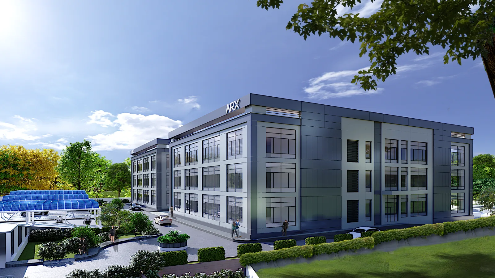Technology park office and laboratory building with rooftop plant and solar carport