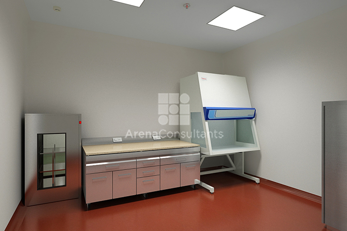 Culture room pharma lab, sterile zone with pass box and bio-safety cabinet