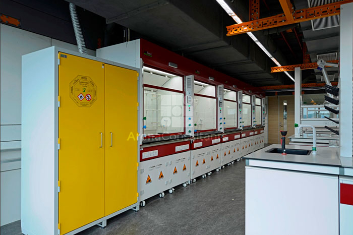 Chemical storage cabinets and fume hood in line for Huntsman 